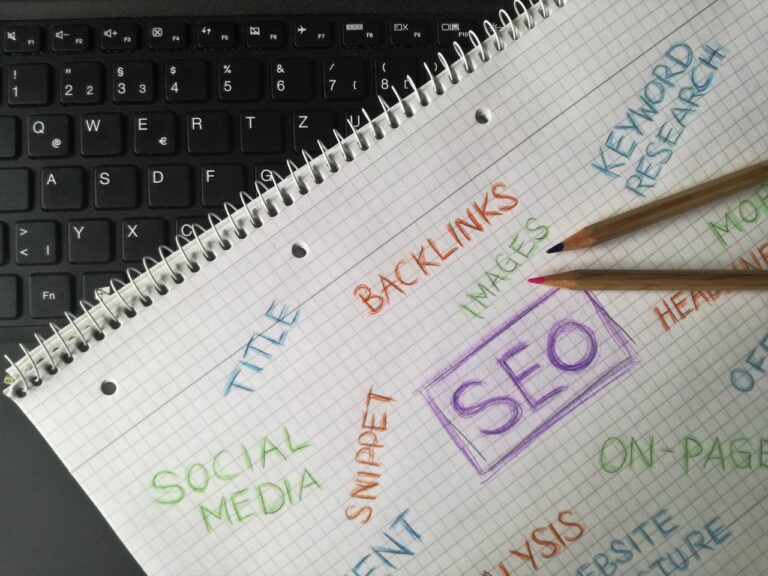 an image of a notebook with SEO in the centre, surrounded by other keywords such as Social Media, Title, Backlinks.