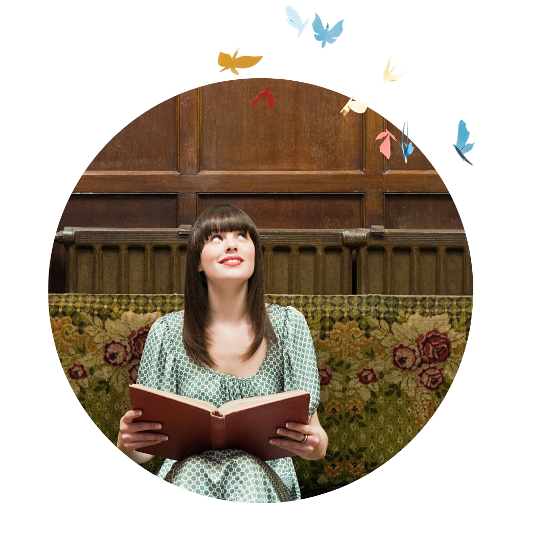 SEO Pricing - A person reading a book, looking up at some butterflies. the image is cut into a circle